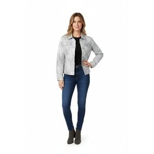 Chico's Silver Embroidered Jacket Metallic Floral Cotton Blend Size 2